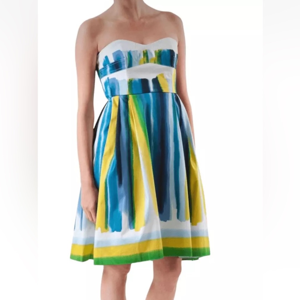 Calvin Klein Stripe Strapless Dress Womens 4‎ Pockets Blue Fit & Flare Zipper